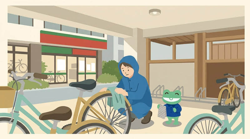 屋根のある駐輪場で、雨がっぱを着た人が自転車のサドルの水をタオルで拭いている。小さな雨がっぱのカエルの店員もタオルを持っている