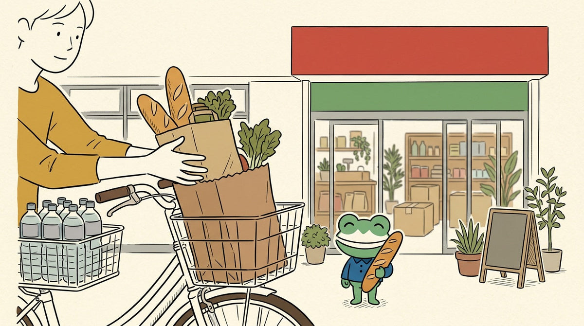 食料品店の前で、人がパンと野菜の入った紙袋を自転車の前カゴに入れている。後ろカゴには飲み物のケース。カエルの店員がフランスパンを持っている
