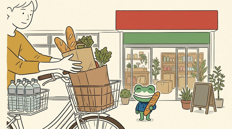 食料品店の前で、人がパンと野菜の入った紙袋を自転車の前カゴに入れている。後ろカゴには飲み物のケース。カエルの店員がフランスパンを持っている