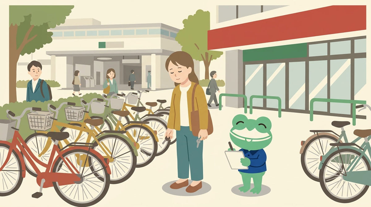駅の近くの駐輪場で、並んだ自転車のあいだの空いた場所に立ち、鍵を手に不安そうに見回す女性。カエルの店員がメモ帳を持っている