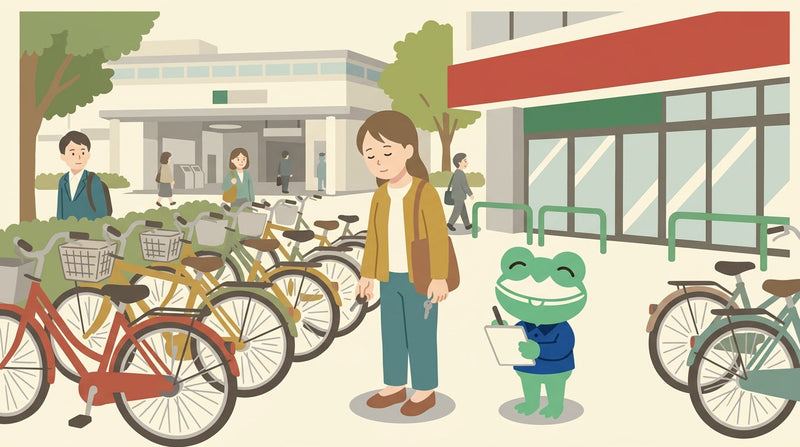 駅の近くの駐輪場で、並んだ自転車のあいだの空いた場所に立ち、鍵を手に不安そうに見回す女性。カエルの店員がメモ帳を持っている