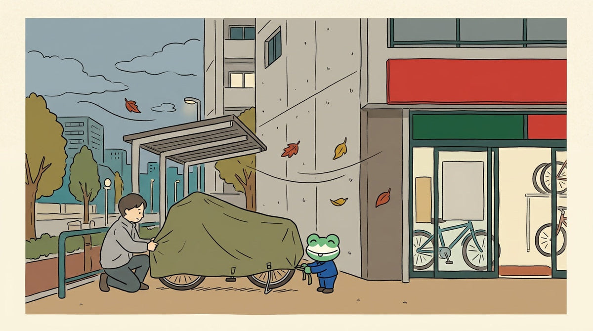 曇りの夕方、マンションの小さな屋根の下で、人が自転車にカバーをかけている。カエルの店員がカバーのひもを結んでいる