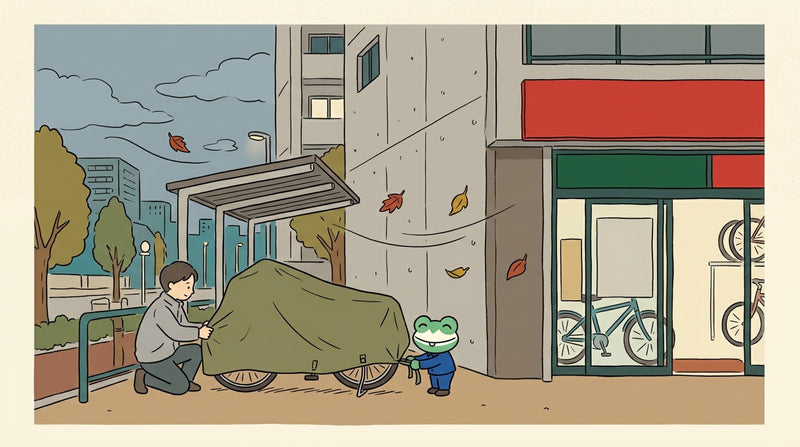 曇りの夕方、マンションの小さな屋根の下で、人が自転車にカバーをかけている。カエルの店員がカバーのひもを結んでいる