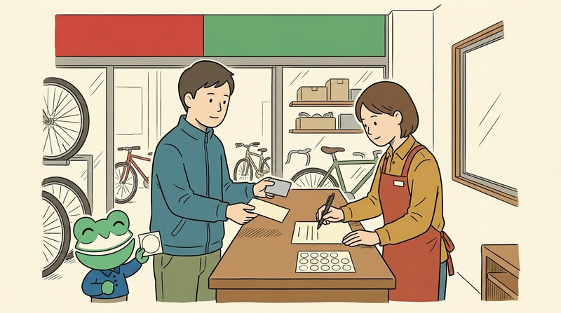 店のカウンターで、客がレシートと身分証を渡し、店員が用紙に書いている。カエルの店員が丸いシールを見せている