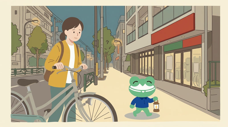 夕暮れの歩道で、女性が自転車に乗らずに押して歩いている。カエルの店員がランタンを持って横を歩いている