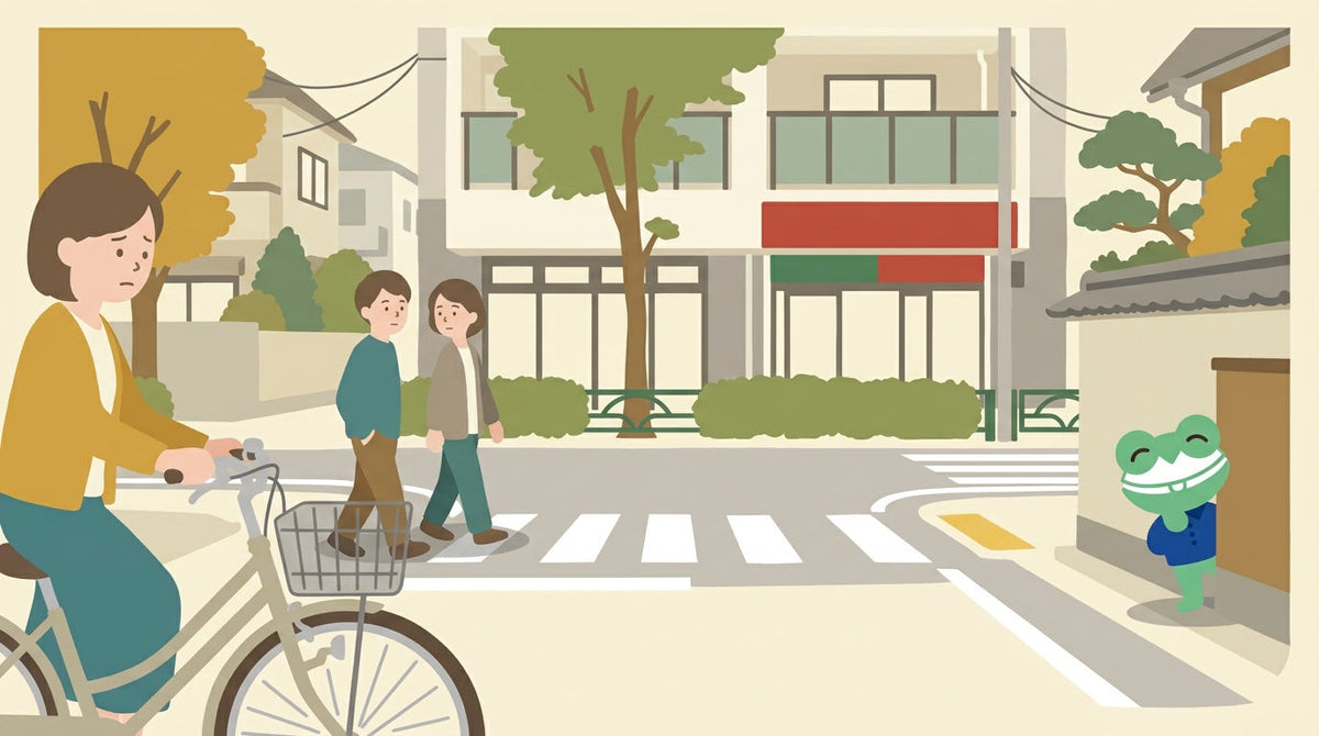 交差点で自転車を止めた女性が、ブレーキの音に気まずそうな顔をしている。通りの人が振り返り、塀の陰からカエルの店員がのぞいている