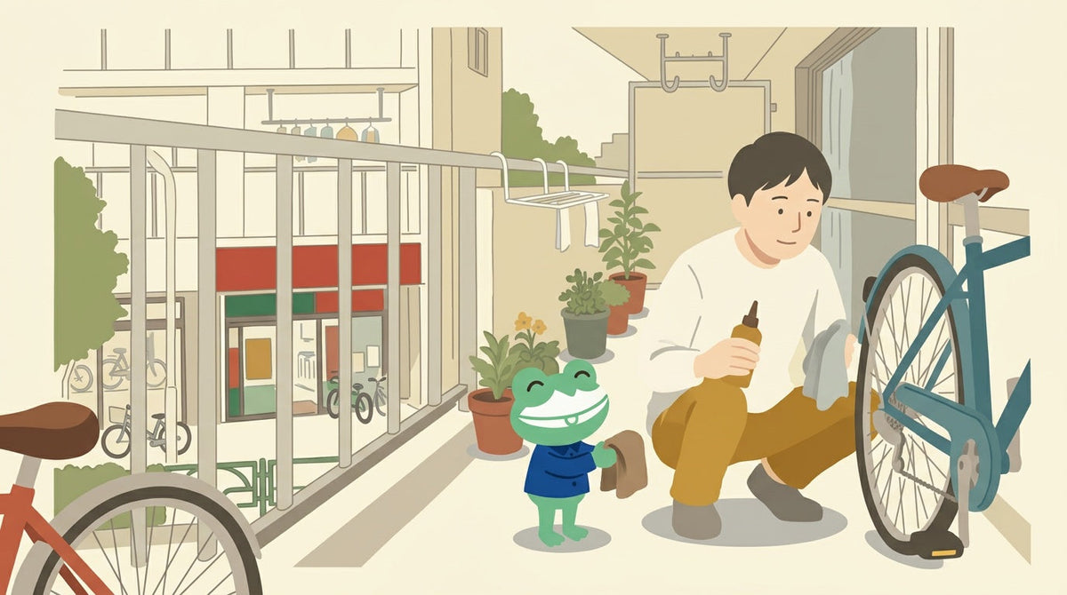 ベランダで、しゃがんだ人が小さな油の容器と布を持ち、自転車の後ろのあたりを見ている。カエルの店員が布を持っている