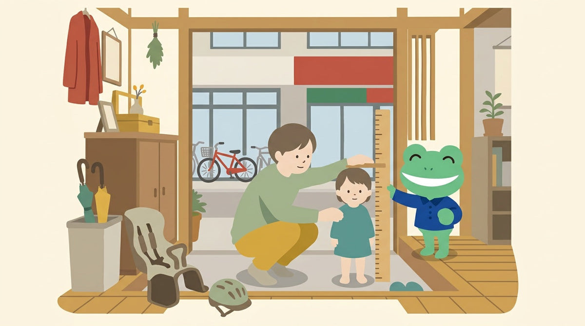 玄関で、親が幼い子の身長を物差しで測っている。床に子ども用の座席とヘルメット。カエルの店員が物差しを支えている