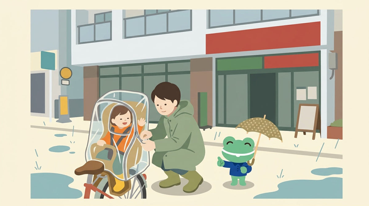 雨の朝、親が後ろの子ども乗せ座席にかぶせた透明のカバーのファスナーを閉めている。中の子どもが笑っている。カエルの店員が傘を差している