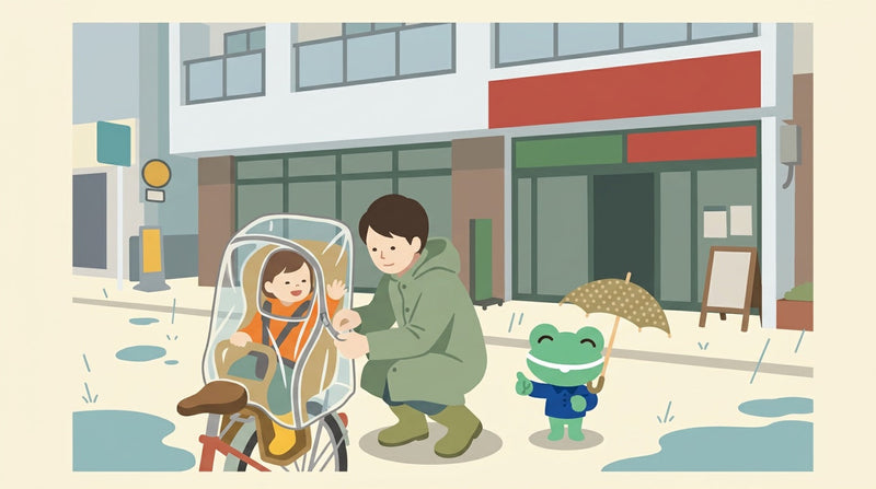 雨の朝、親が後ろの子ども乗せ座席にかぶせた透明のカバーのファスナーを閉めている。中の子どもが笑っている。カエルの店員が傘を差している