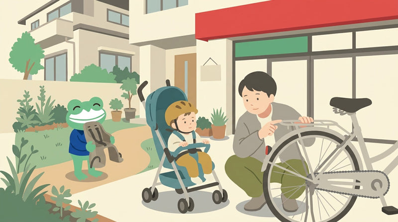 家の前で、親が自転車の後ろの荷台を指さし、ベビーカーの子どもが見ている。カエルの店員が子ども用の座席を持っている