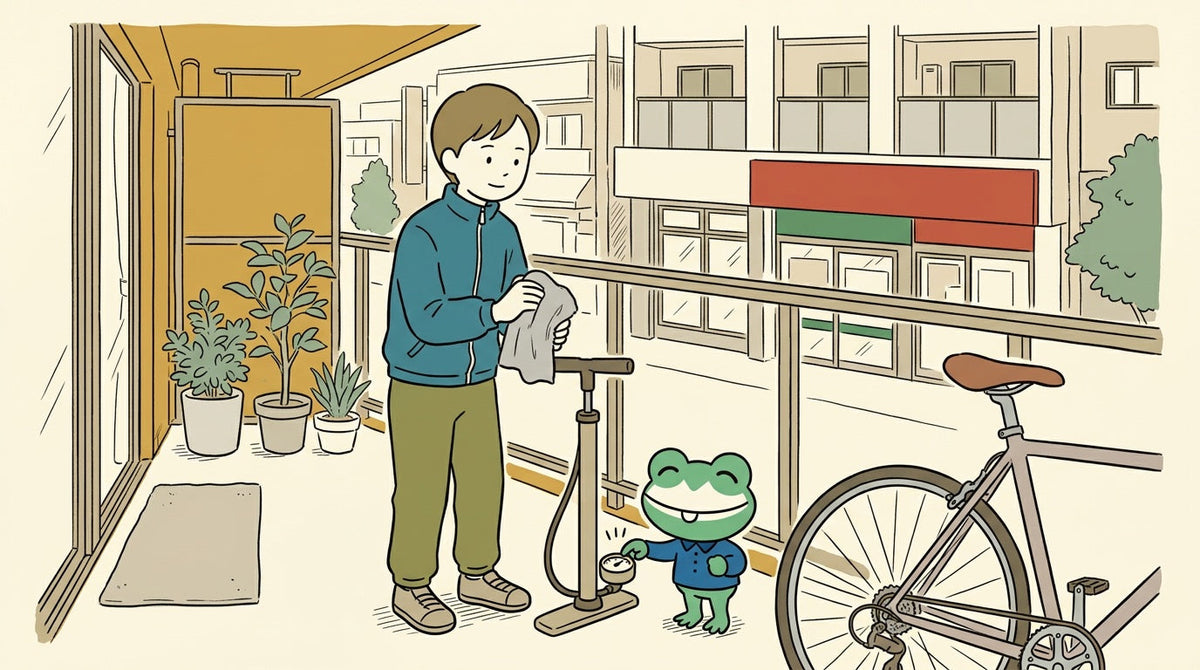 朝のベランダで、スポーツウェアの人が布で手を拭いている。そばにメーター付きの空気入れ。カエルの店員がメーターを指でたたいている