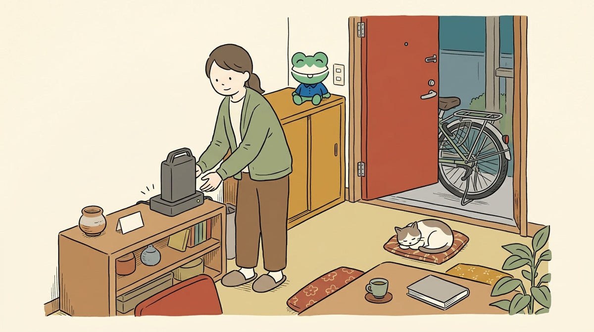 帰宅した女性が、電動アシスト自転車のバッテリーを棚の充電器に置いている。棚の上でカエルの店員がほほえんでいる