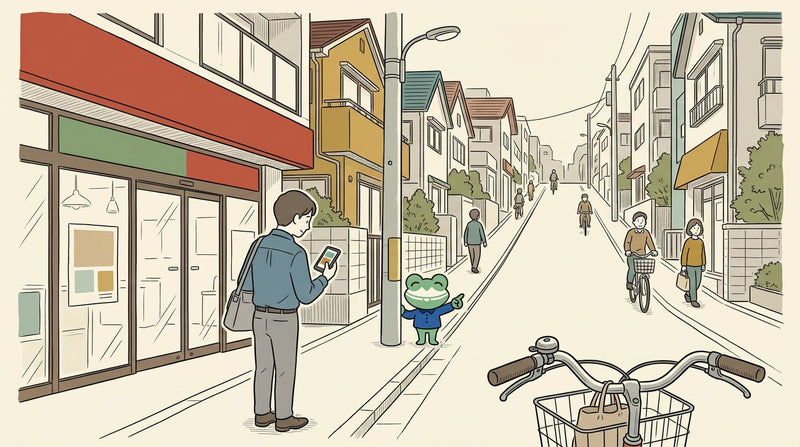 朝の坂道のふもとで、通勤の人がスマートフォンで地図を見ている。カエルの店員が坂の上を指さしている