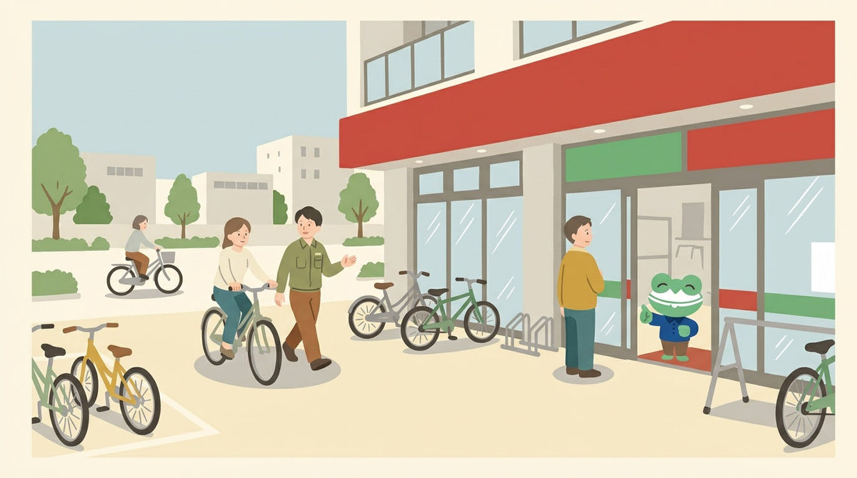 自転車店の前の広場で、女性が試乗し、店員が横を歩いている。入口でカエルの店員が親指を立てている