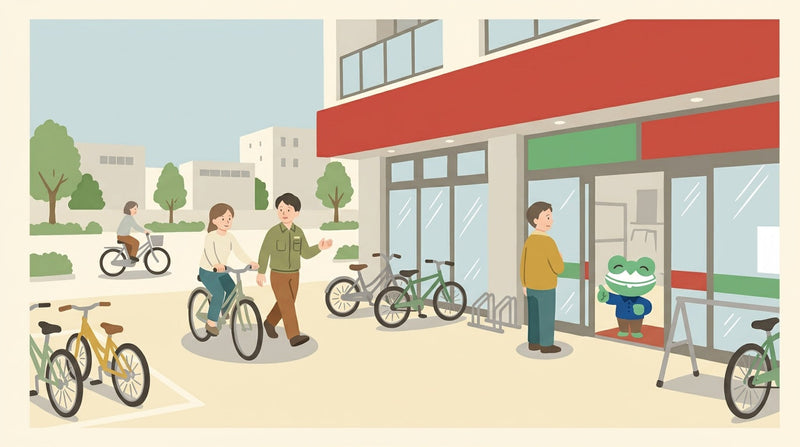 自転車店の前の広場で、女性が試乗し、店員が横を歩いている。入口でカエルの店員が親指を立てている