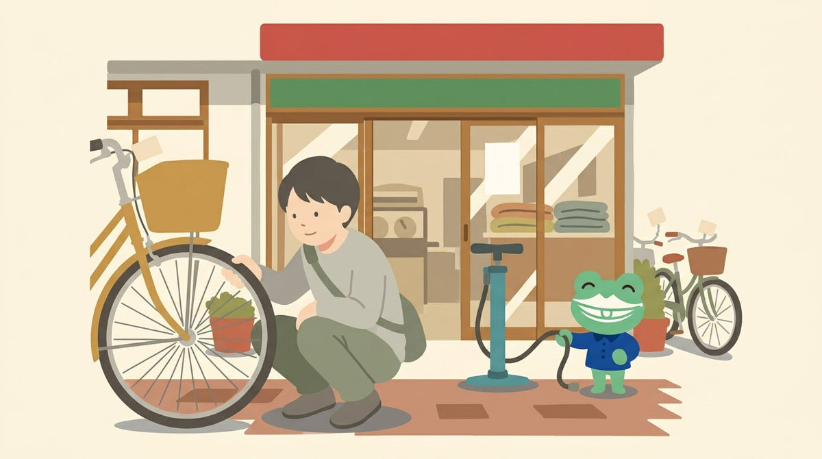 自転車店の前で、若い人がしゃがんで前のタイヤを指で押している。入口のそばの空気入れのホースをカエルの店員が差し出している