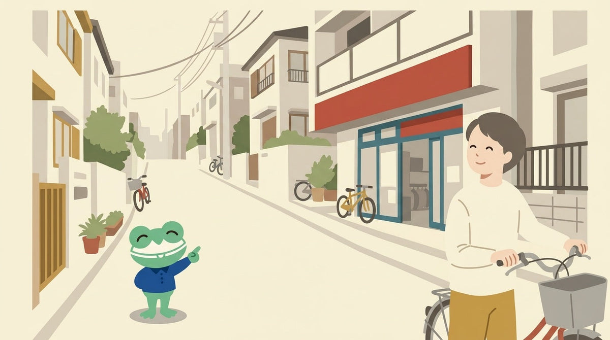 住宅街のゆるい坂のふもとで、自転車のそばに立った人が坂を見上げている。カエルの店員が坂の上を指さしている