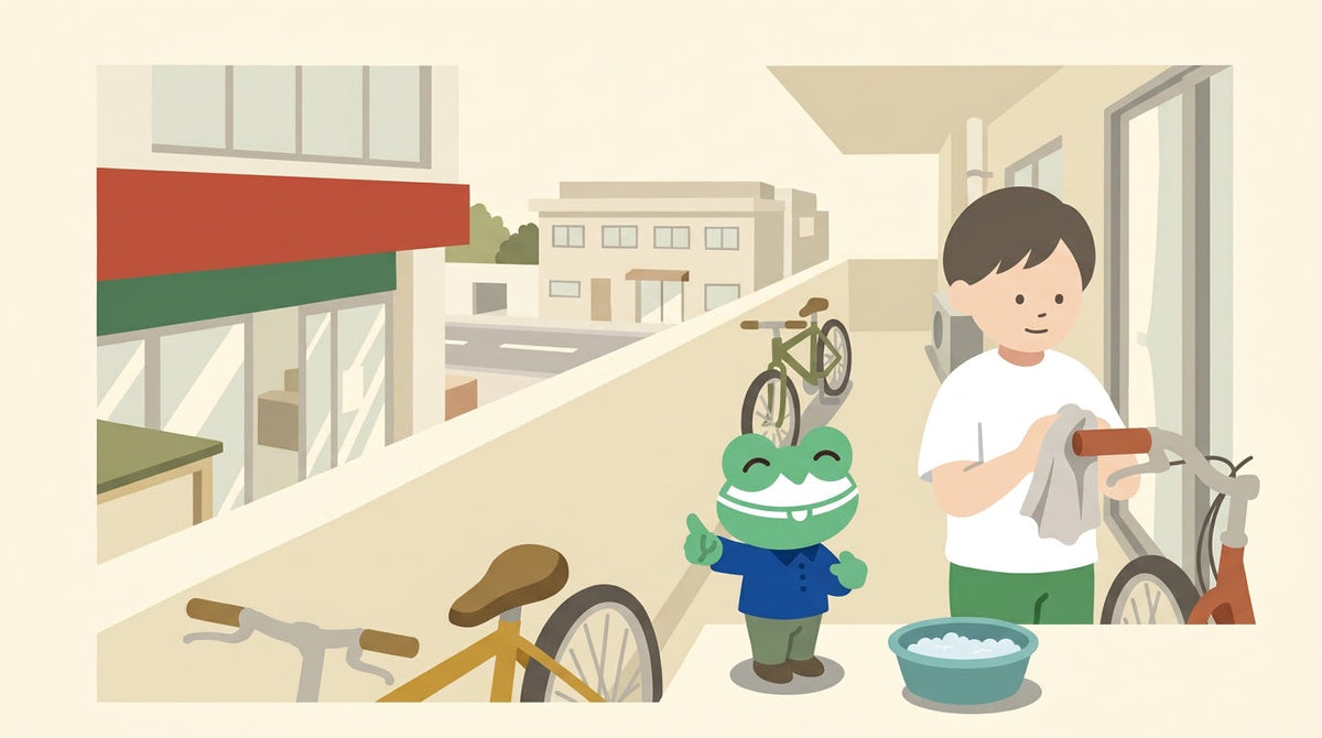 日当たりのよいベランダで、人がハンドルのグリップを布で拭いている。そばにせっけん水のボウル。カエルの店員が自分の手を見て顔をしかめている