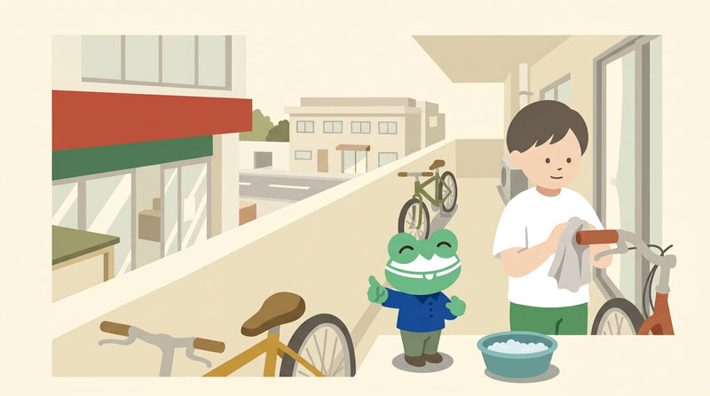 日当たりのよいベランダで、人がハンドルのグリップを布で拭いている。そばにせっけん水のボウル。カエルの店員が自分の手を見て顔をしかめている