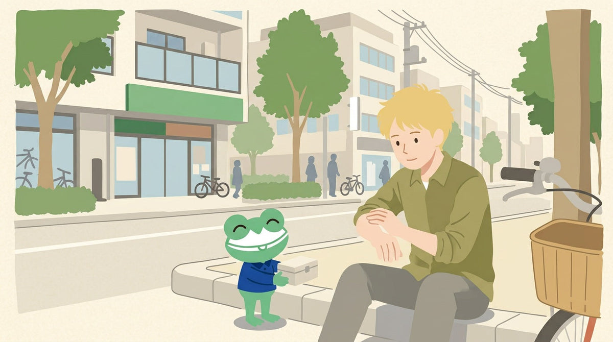 転んだあと、縁石に座った若い人がすりむいたひじをさすっている。そばに自転車。カエルの店員が救急箱を差し出している