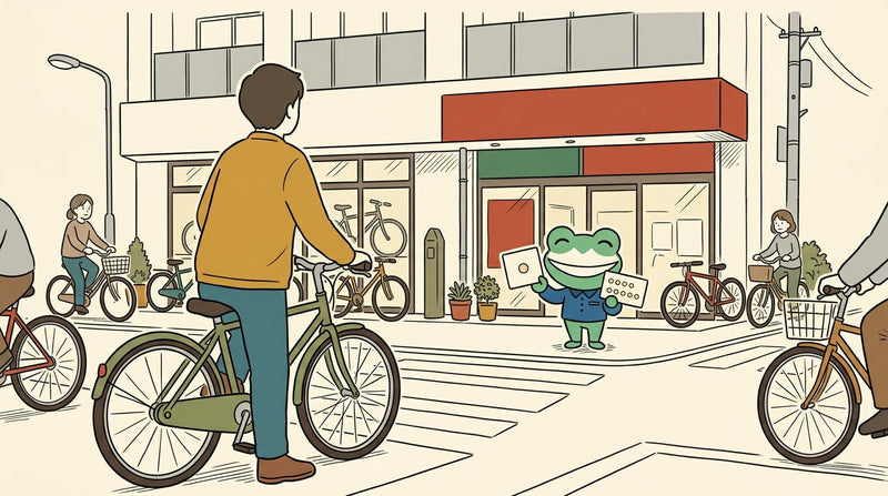晴れた朝の交差点で、自転車に乗った人が片足をついて信号を待っている。向かいの角でカエルの店員が2枚のカードを持っている