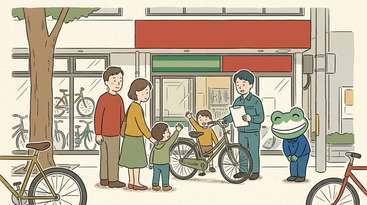 自転車店の前で、家族が古い自転車を店員に引き渡している。子どもたちが手を振り、カエルの店員がおじぎをしている