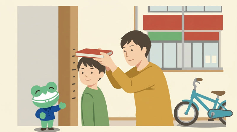 柱に背をつけた子どもの頭に、親が本をのせて身長を測っている。柱には鉛筆の印。そばに子どもの自転車とカエルの店員