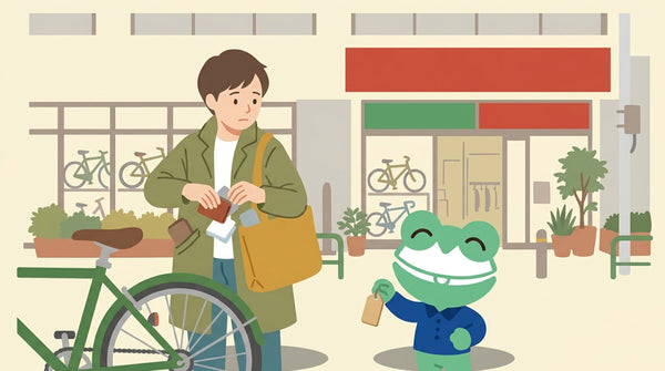 自転車のそばで、男性がポケットとかばんの中を探している。カエルの店員が鍵の札を持って首をかしげている