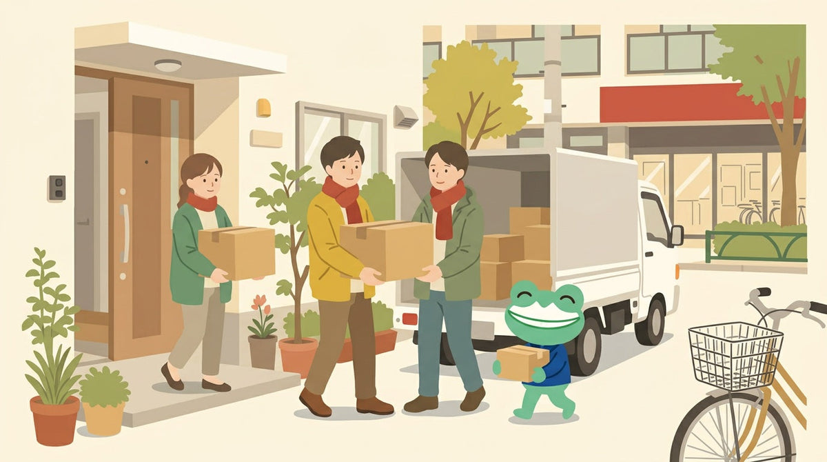 晴れた朝、マンションの入口から引っ越しの段ボールをトラックへ運ぶ人たち。カエルの店員も小さな箱を運んでいる