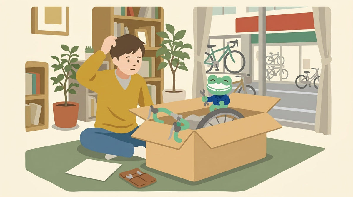 リビングで、自転車の入った大きな段ボールを前に、若い男性が頭をかいている。箱のふちにスパナを持ったカエルの店員