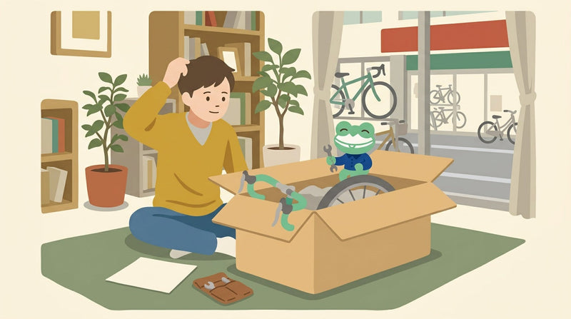 リビングで、自転車の入った大きな段ボールを前に、若い男性が頭をかいている。箱のふちにスパナを持ったカエルの店員