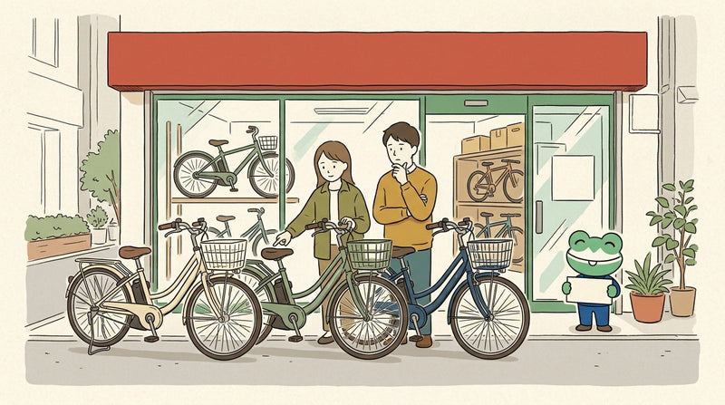 店の前で、若い2人が並んだ3台の電動アシスト自転車を見比べている。店の入口でカエルの店員が笑っている