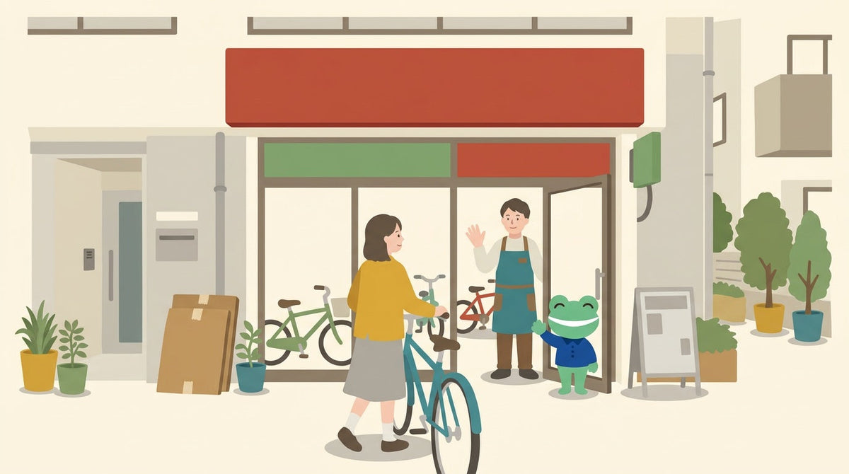 引っ越してきた女性が自転車を押して、近くの自転車店の入口へ向かうところ。店員とカエルの店員が手を振って迎えている