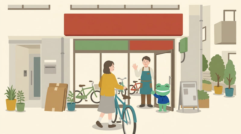 引っ越してきた女性が自転車を押して、近くの自転車店の入口へ向かうところ。店員とカエルの店員が手を振って迎えている