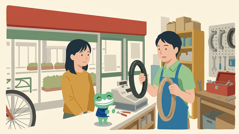自転車店のカウンターで、店員が新しいチューブと古いチューブを見せながら説明し、女性が聞いている。カウンターの上にカエルの店員