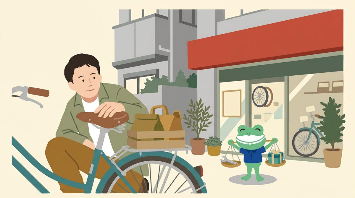 マンションの入口で、使いこんだ自転車のサドルに手を置いて考えこむ人。カエルの店員が天びんを持っている
