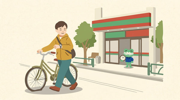 朝の歩道で、前のタイヤがぺたんこの自転車を押しながら腕時計を見る人。店の入口でカエルの店員が時計を持っている
