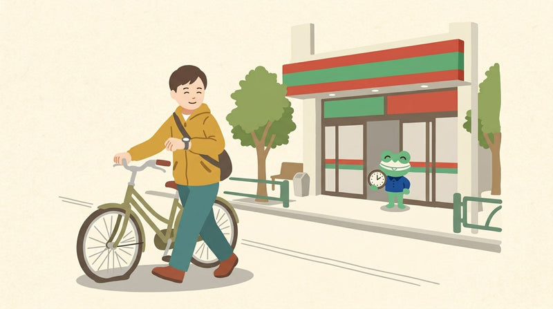 朝の歩道で、前のタイヤがぺたんこの自転車を押しながら腕時計を見る人。店の入口でカエルの店員が時計を持っている