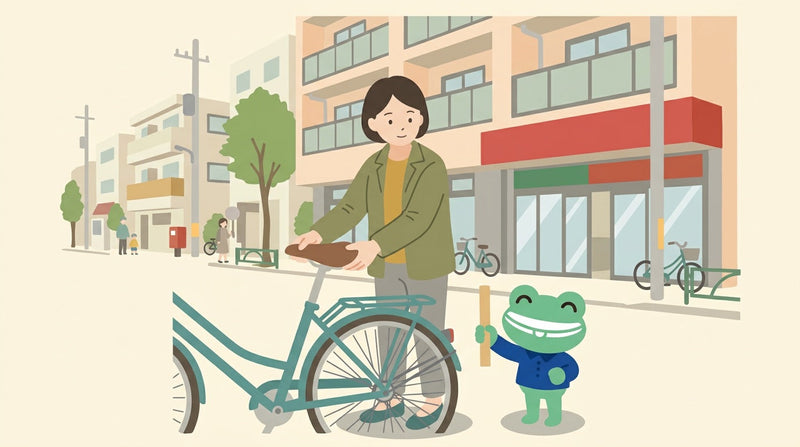 住宅街で、女性が両手で自転車のサドルを持って高さを合わせている。カエルの店員が物差しを当てている