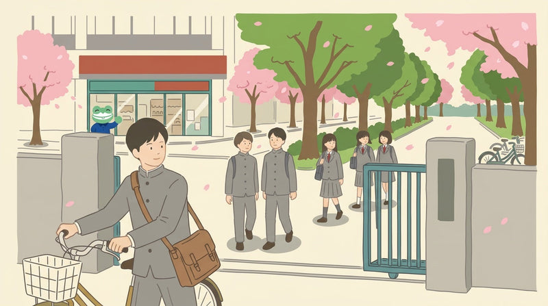 桜の舞う朝、学生服の高校生が自転車を押して校門を通っている。塀の向こうでカエルの店員が手を振っている