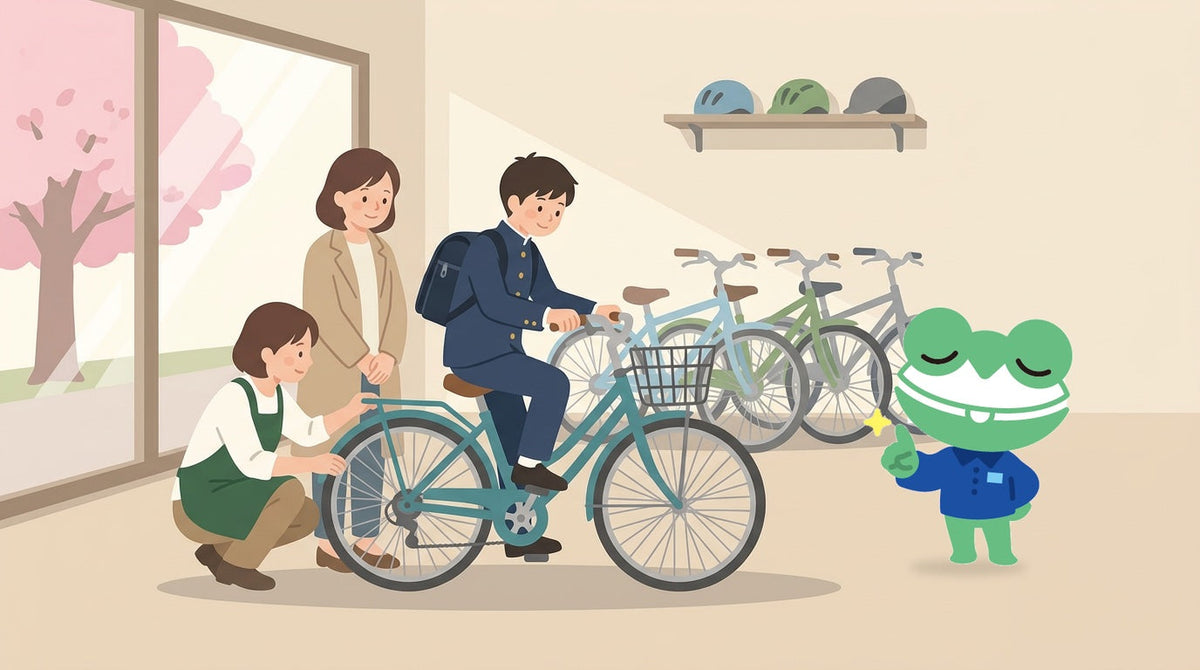 春の自転車店で、学生服の生徒が自転車にまたがって足のつき具合を確かめ、店員がサドルの高さを見ている。母親が後ろで見守り、カエルの店員が指を立てている