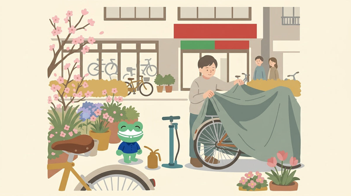 春の庭で、冬のあいだかけていたカバーを自転車から外す男性。そばに空気入れと油さし。カエルの店員が伸びをしている