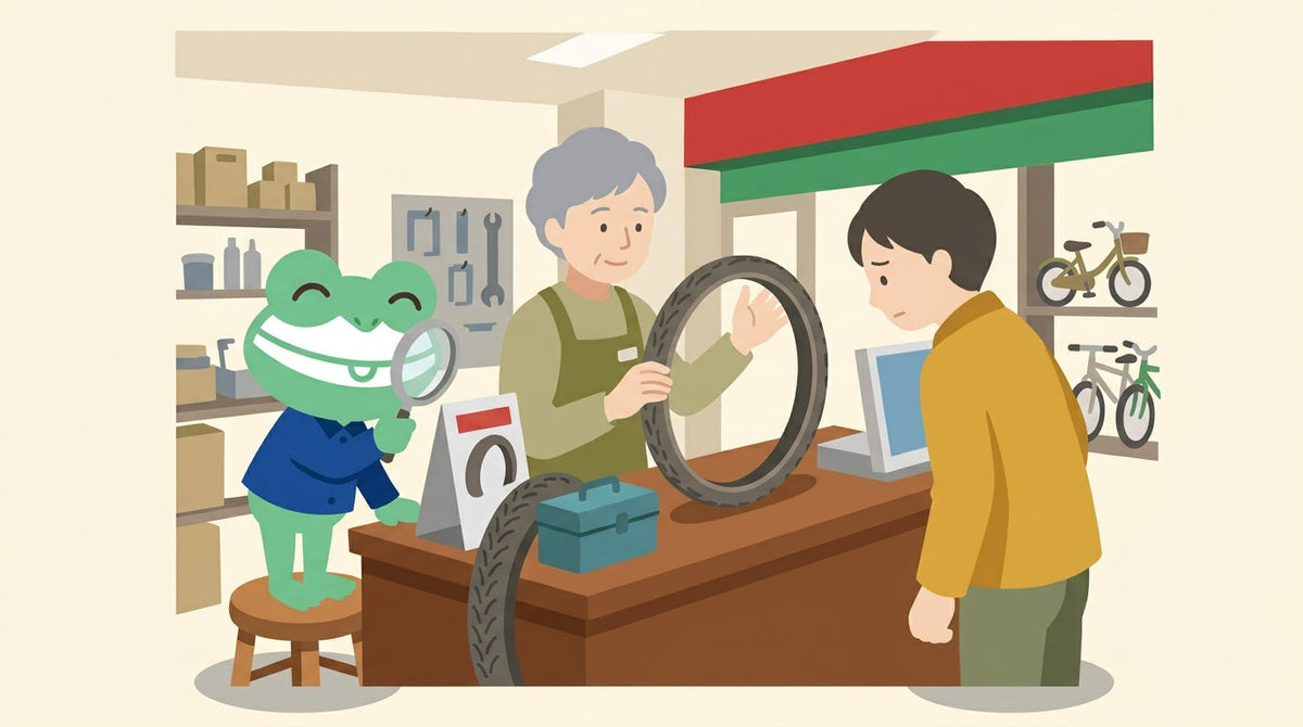 店のカウンターで、店員がすり減ったタイヤを見せ、客がのぞきこんでいる。カエルの店員が虫めがねでタイヤを見ている