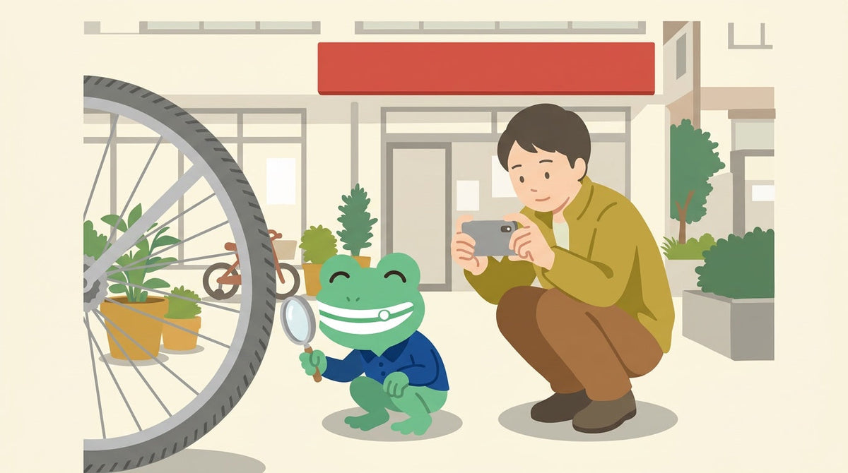 家の前で、しゃがんだ人がスマートフォンで自転車のタイヤの横を撮っている。カエルの店員が虫めがねでタイヤを見ている