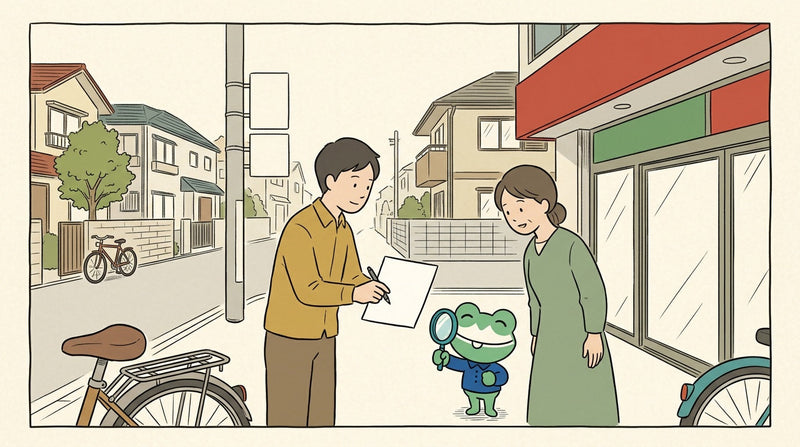 住宅街で、2人が中古の自転車を受け渡している。1人が白い用紙とペンを持ち、カエルの店員が虫めがねで用紙を見ている