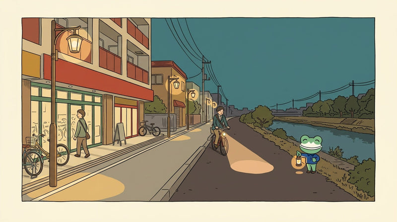 夕暮れ、街灯のある通りから暗い川沿いの道へ、ライトをつけた自転車が向かっている。土手でカエルの店員が小さなランタンを持っている