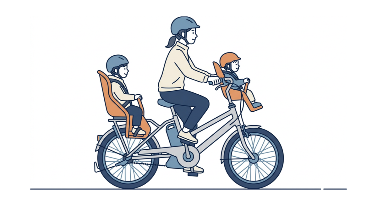 前乗せと後ろ乗せの両方にチャイルドシートを付けた子ども乗せ電動アシスト自転車